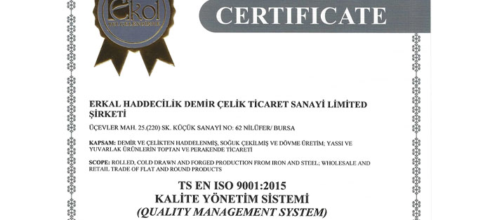 Erkal Haddecilik TS EN ISO 9001:2015 kalite yönetim sistemi belgesi önizlemesi